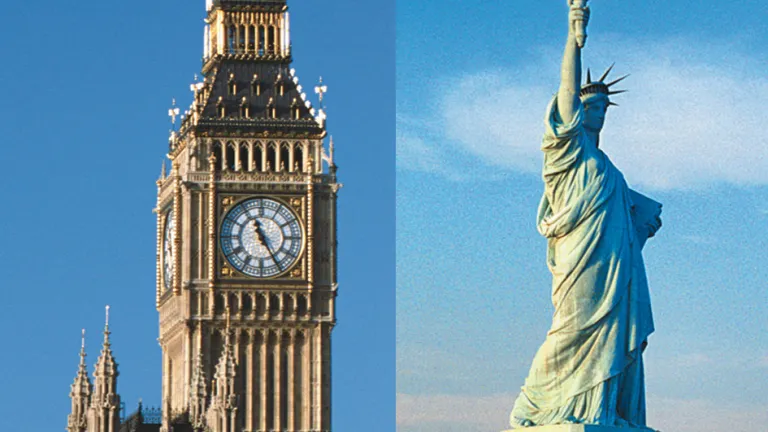 Big Ben clock tower in London, England and Statue of Liberty in New York City.