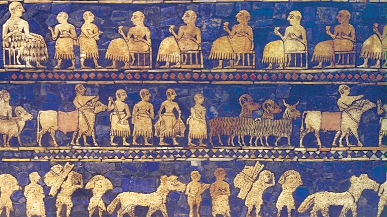 Scenes from an elegant inlaid box excavated in Ur in present-day Iraq depict daily life in the time of Abraham.