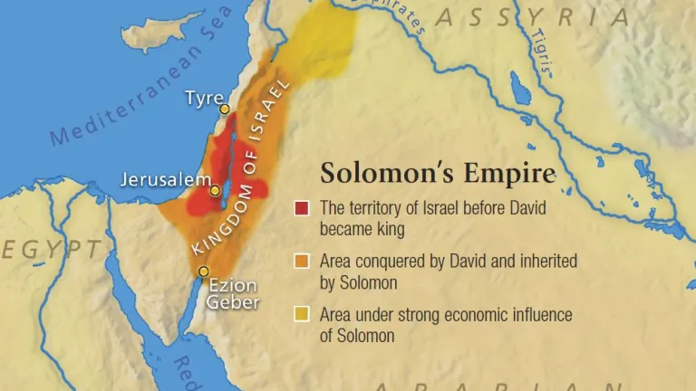 Israel’s territory expanded greatly during the reign of King David, and its influence extended even further under his son and successor, Solomon. Map showing Solomon's Empire