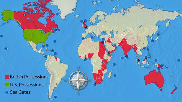 A world map showing British and United States possessions along with major sea gates.
