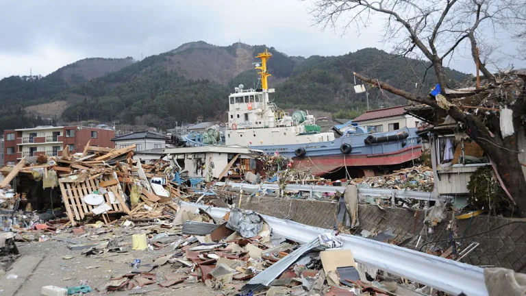 A tug boat among the debris in Ofunato, Japan following earthquake and tsunami.