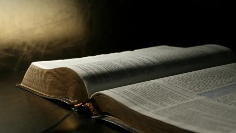 An open Bible laying on a table.
