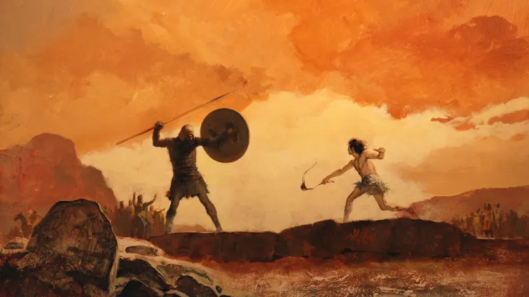 As a youth facing the giant Goliath, David had faith that God would help him. Artist illustration of David and Goliath fighting.