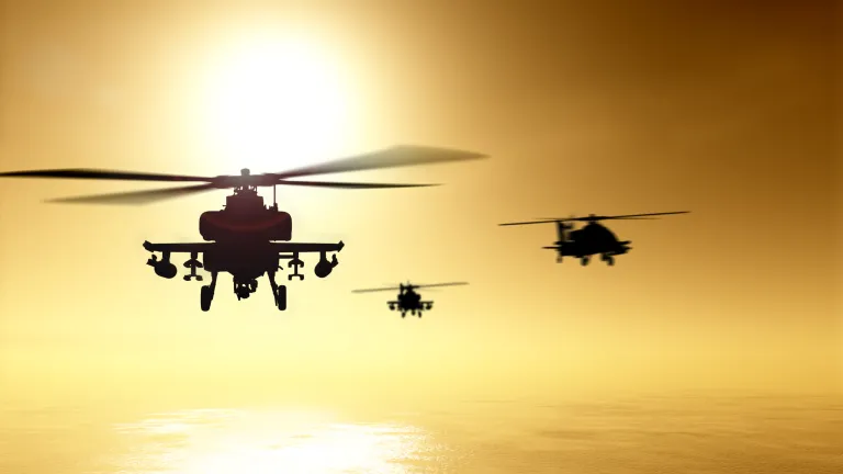 Satan, humanity’s greatest adversary, currently rules this world, and broadcasts his attitudes of hate and violence into the minds of men. Military helicopters flying over water.