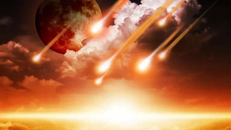 Artist illustration or meteor show with the moon in the background.