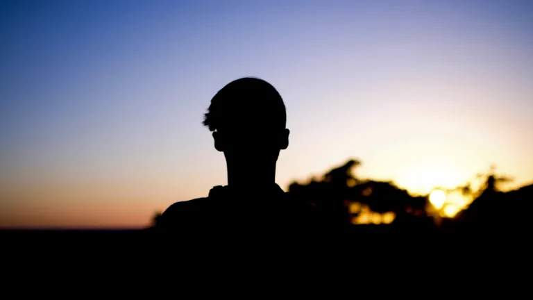 A shadow of young man looking towards the sunset.