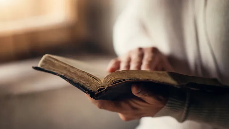 An older woman reading a Bible by a window.