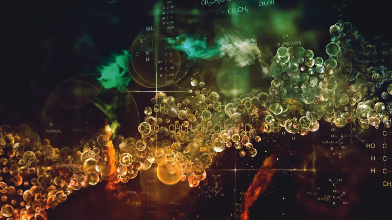The more research and study that’s done in the natural world around us and in understanding our bodies, the more obvious it becomes that evolution fails to account for the complexity and resiliency of life—life that God created. Cells and chemisty formulas in a visual graphic.
