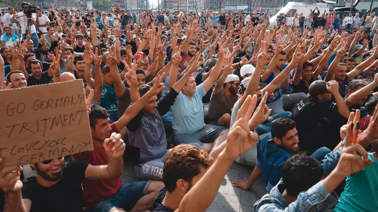 Young Syrian males strike at a Hungarian railway station demanding transit to Germany in late 2015.