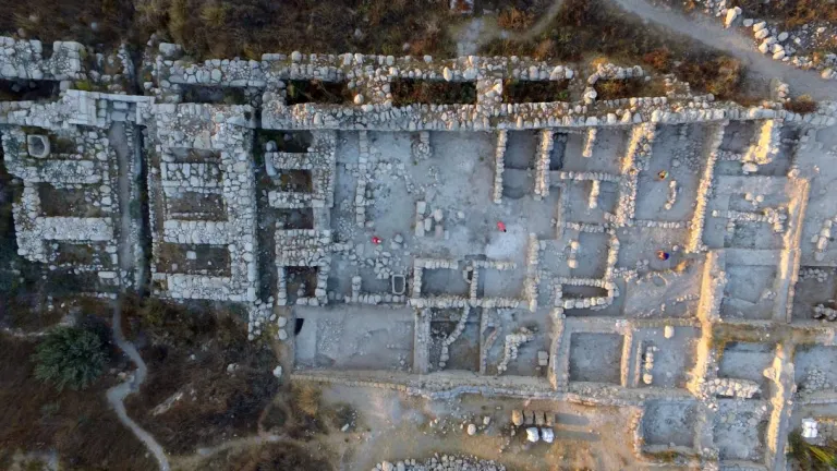 This overhead view of excavations at Tel Gezer in Israel shows the six-chambered city gate at left (matching near-identical gates at Hazor and Megiddo) and an enormous palatial building to its right, dating to King Solomon's reign in the 10th century B.C. Excavations at Tel Gezer in Israel