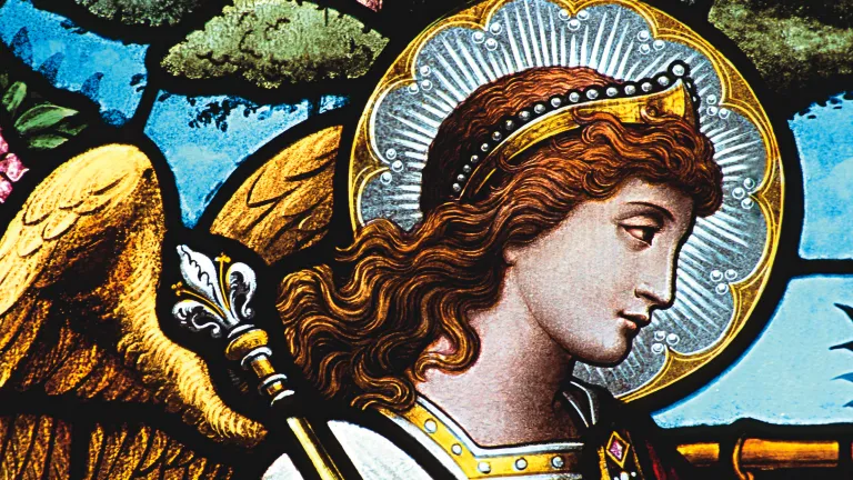 Close-up of religious stained-glass window.