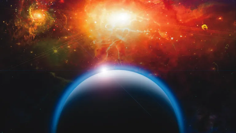 The angels’ beginning was far back in time, before mankind was created—before the earth was even formed. A photograph and artist illustration of a planet and starscape.