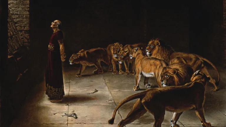 An artist's rendition of Daniel in the lion's den.
