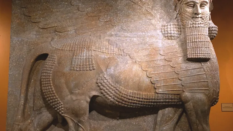 In ancient Assyria, Babylon and Persia, protective beings called lammasu or shedu were depicted by giant statues typically flanking entrances to royal or sacred areas. This statue is from the palace of the Assyrian king Sargon II in present-day Khorsabad, Iraq.