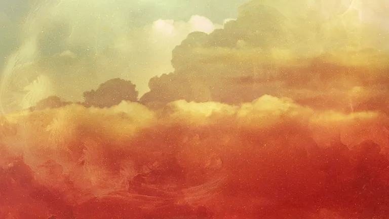 An artist's rendition of water waves, cliffs and sun rays.