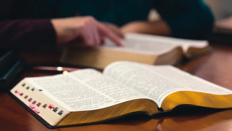 Open Bibles laying on a table.
