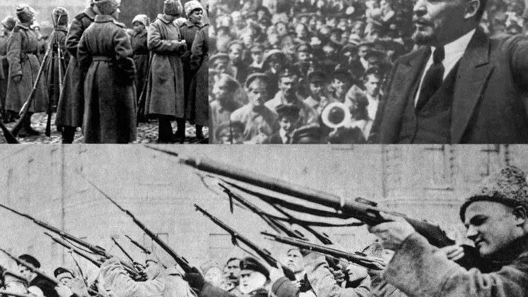Scenes from the 1917 Russian revolution that led to a communist takeover.