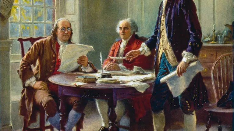 Artist rendition of Benjamin Franklin, John Adams and Thomas Jefferson drafting the Declaration of Independence.