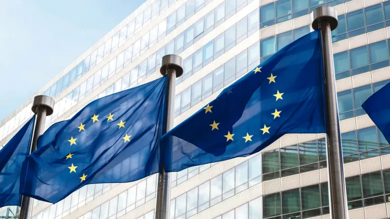 EU flags outside the European Commission headquarters in Brussels European Union flags
