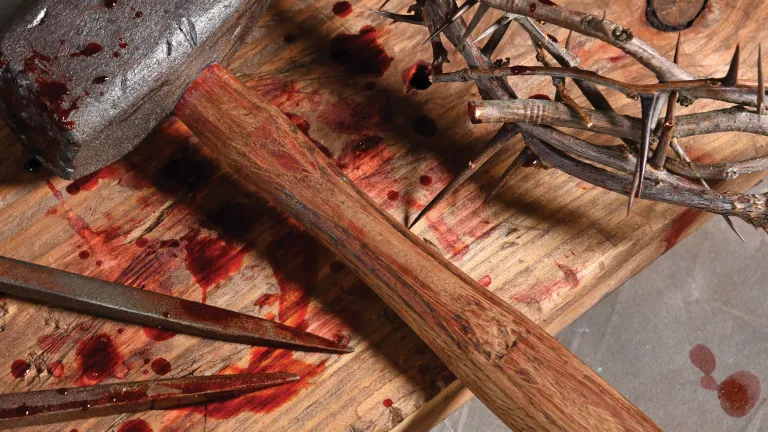 An old wooden hammer, rusted old nails and a crown of thorns.