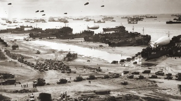 With the Normandy beachhead secured, vast numbers of Allied troops and military vehicles flood ashore. With the Normandy beachhead secured, vast numbers of Allied troops and military vehicles flood ashore.
