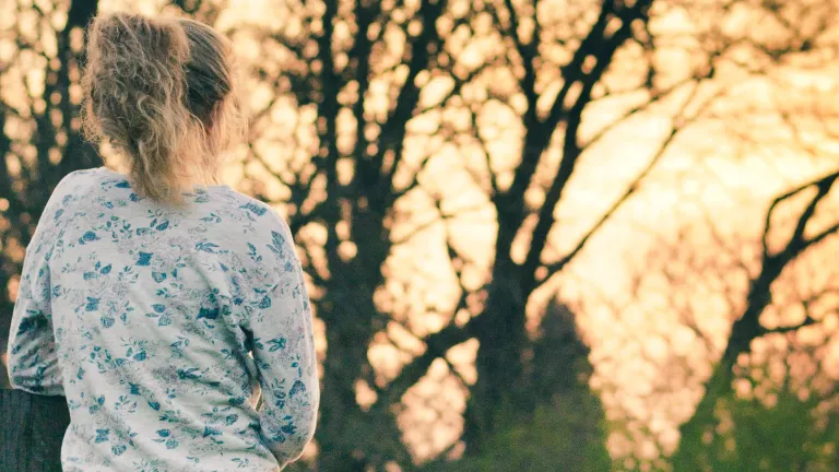 A woman looking a trees with the sunlight shining through.