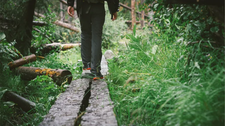 A person walking on wood beams through the woods.