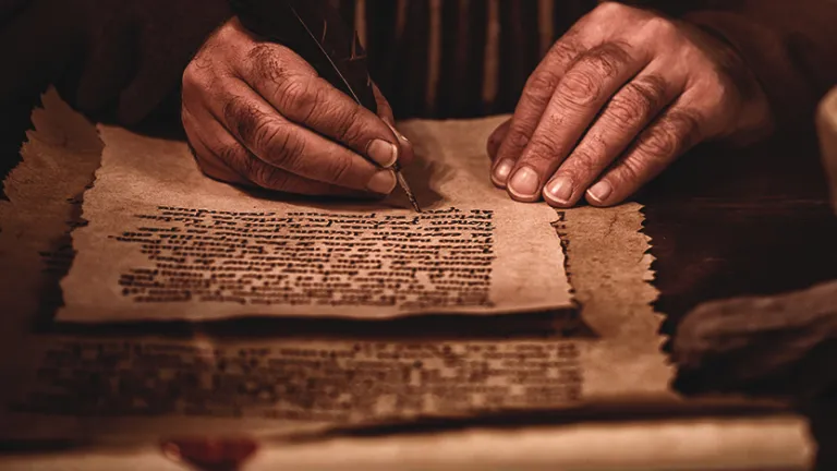 A photo illustration of man writing in a scroll.