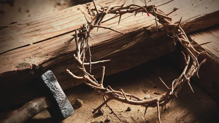 Facing the horror of crucifixion, Jesus said, ”In the world you will have tribulation, but be of good cheer, I have overcome the world.” Is there really hope in a world of despair? A wooden cross/stake with a crown of thorns, hammer and nails.