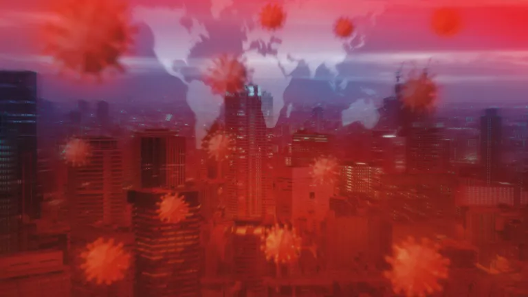 A visual graphic of viruses and city scape.