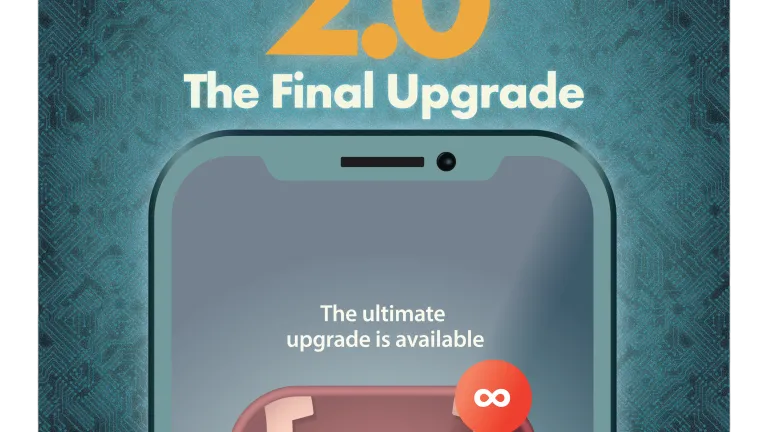 iHuman 2.0 Final Upgrade, a vector illustration of an iPhone with a red update available dot with an infinity in it