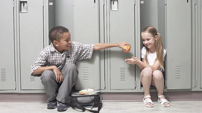 When children are taught proper moral values at an early age, they are likely to maintain those character traits for the remainder of their lives. A young boy giving an apple to girl a school.