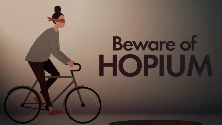 Beware of Hopium Artistic illustration of blindfolded woman on a bicycle headed for a hole in the ground