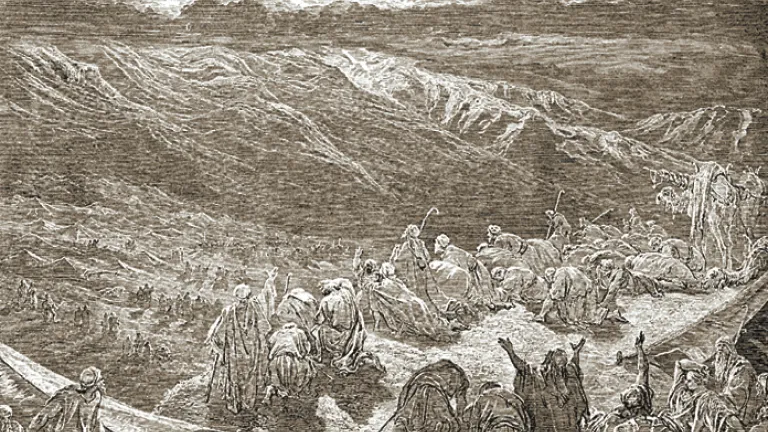 An illustration of the Israelites at Mount Sinai.