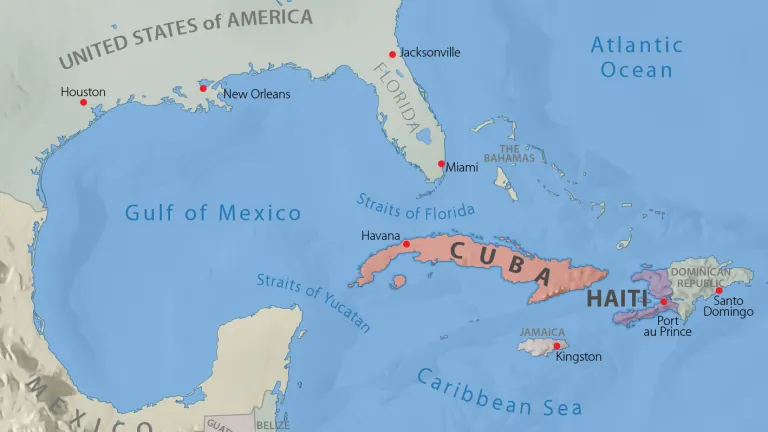 Should either Cuba or Haiti fall under the control of a power hostile to U.S. interests, it could tip the balance of world power. Map of Gulf of Mexico and the Caribbean Sea.