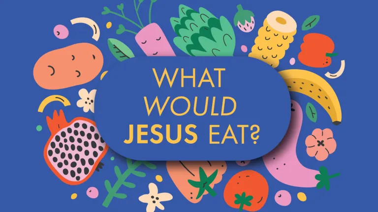 What Would Jesus Eat? Illustrated fruits and vegetables on a solid blue backdrop
