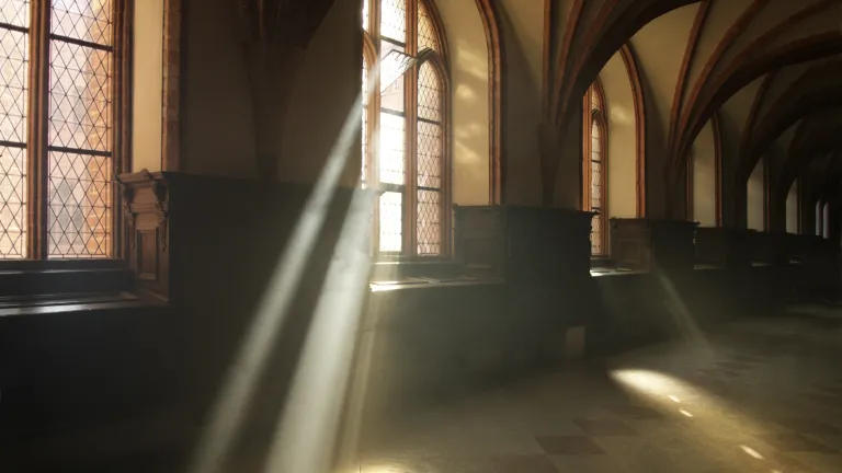 By not standing up against moral laxity and sin, churches have become a reflection of worldly values, losing any principled influence. Sun rays shining through the windows of an old church.