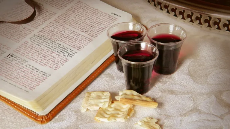 An open Bible with Passover wine an pieces of unleavened bread.