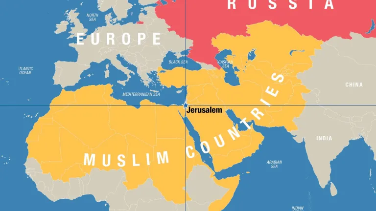 Any European-led invasion of the Holy Land, as foretold in this prophecy, would be viewed by Muslims in these regions as another “Crusade” against Islam. Map of Europe, North Africa, Asia with Jerusalem as the center point.
