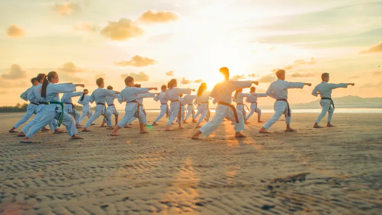 It would be advantageous when evaluating appropriateness to consider whether martial arts are being used as a means to refine physical fitness and technique, or as a search for peace and balance. A group of people practicing martial arts moves on a beach.