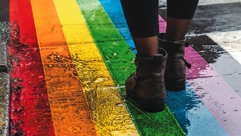 Although seldom discussed, it is well documented that LBGTQ people live with much higher risks of physical and mental health problems than the general population. Pride flag color painted on a sidewalk.