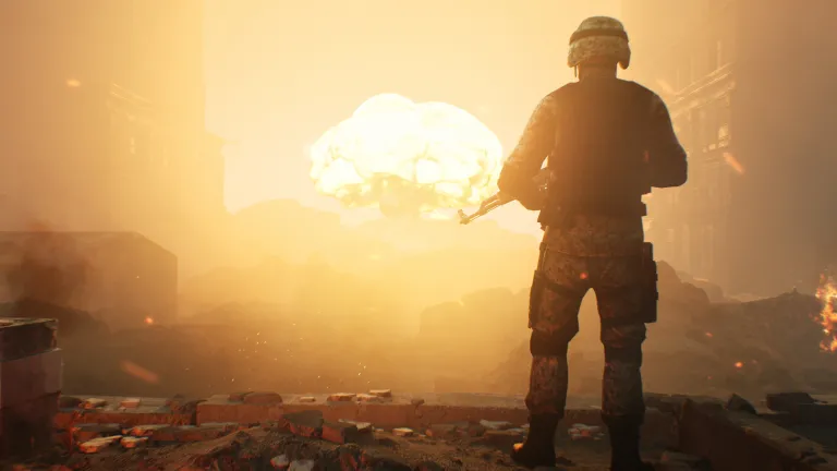 Bible prophecy reveals that under Satan’s influence conditions will grow so awful that human extinction will be the result without God’s direct intervention. A soldier looking at a huge blast in the sky.