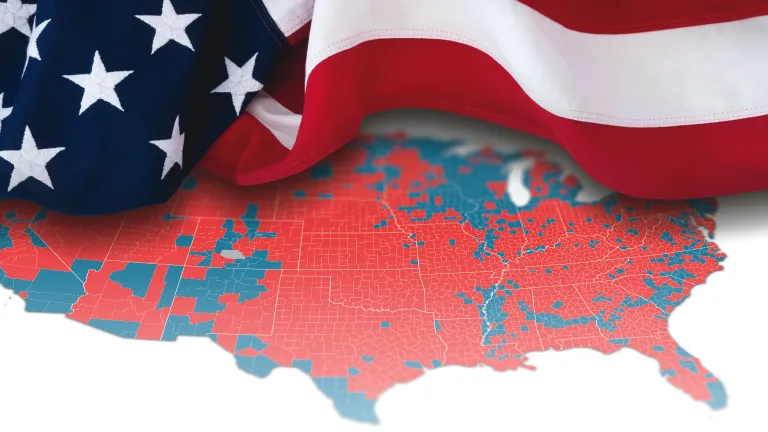 America’s division into two nations under one flag is ongoing and appears likely to continue. The differences will further weaken the nation. Artist illustration of American flag on top of US map of "red" and "blue" states.