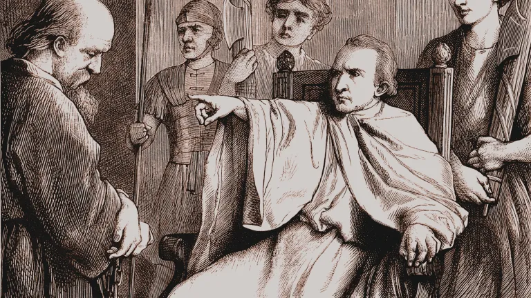 Artist’s conception of Polycarp being threatened by the Roman ruler.
