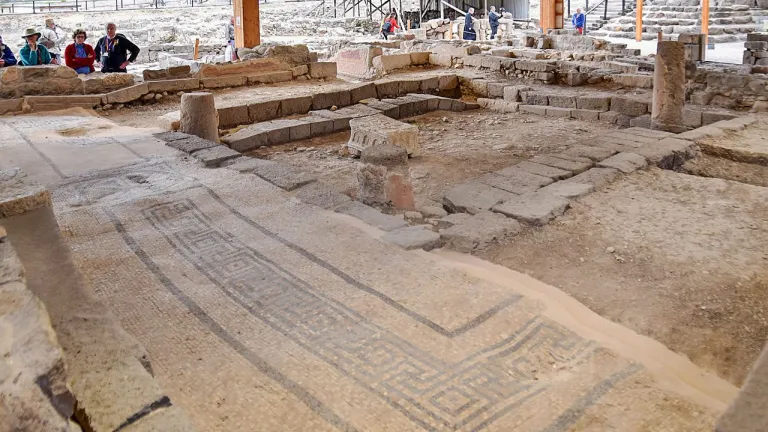 This photo shows the first of two synagogues discovered at Magdala that were in use in the first century during the time of Jesus Christ’s ministry. This photo shows the first of two synagogues discovered at Magdala that were in use in the first century during the time of Jesus Christ’s ministry.