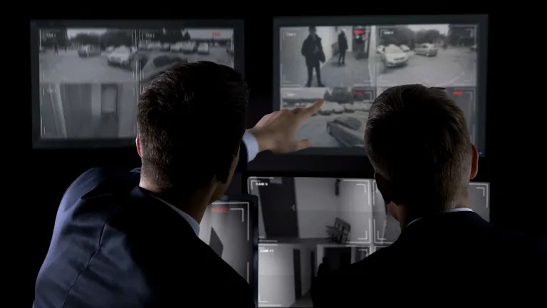 "The average person is now monitored, surveilled, spied on and tracked in more than 20 different ways by both government and corporate eyes and ears." People watching surveillance monitors.