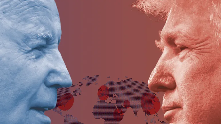 Side profiles of presidential Joe Biden and Donald Trump.