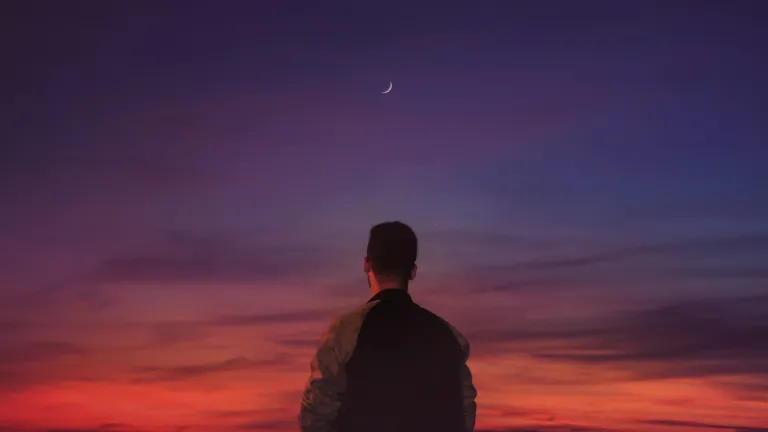 A person looking at the horizon of a sunrise.