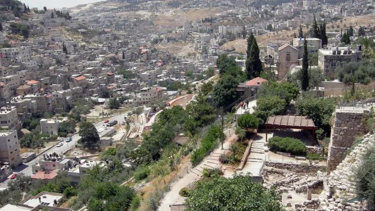 View of the Kidron Valley from the Old City of Jerusalem. View of the Kidron Valley from the Old City of Jerusalem.