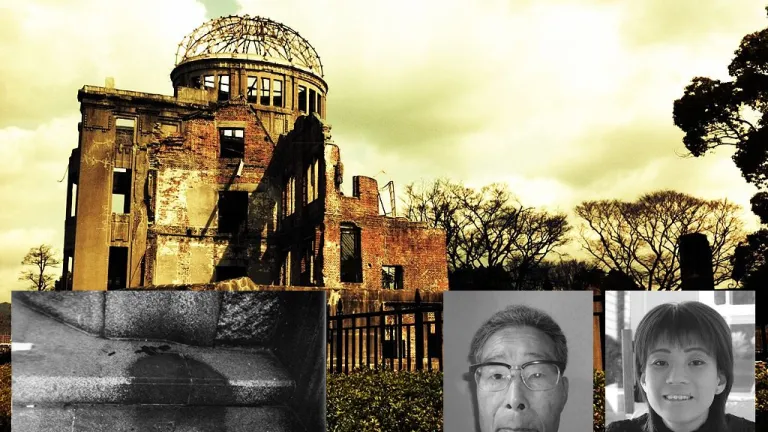 In the background - The A-Bomb Dome located within the Hiroshima Peace Memorial Park. Photos: "Shadow" left by a person waiting, Sajio Ibaraki and Dr. Yumi Yamamoto The A-Bomb Dome located within the Hiroshima Peace Memorial Park.